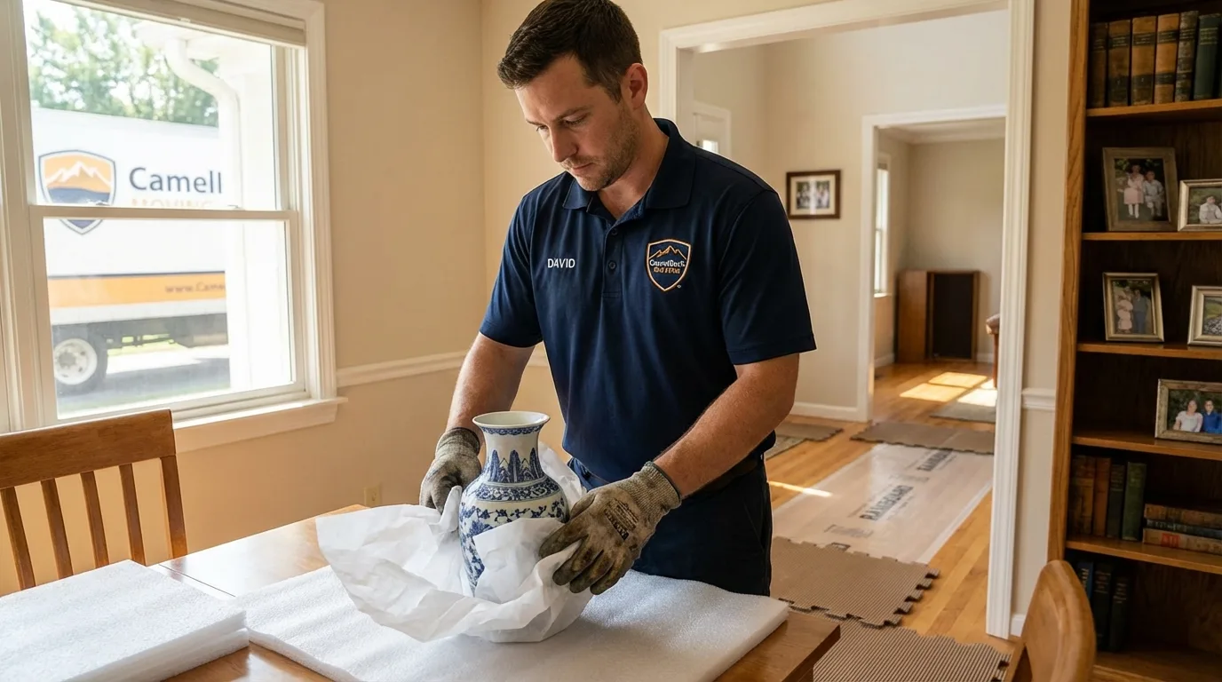 Professional crew carefully wrapping antique vase for senior downsizing move in Rutherford, TN