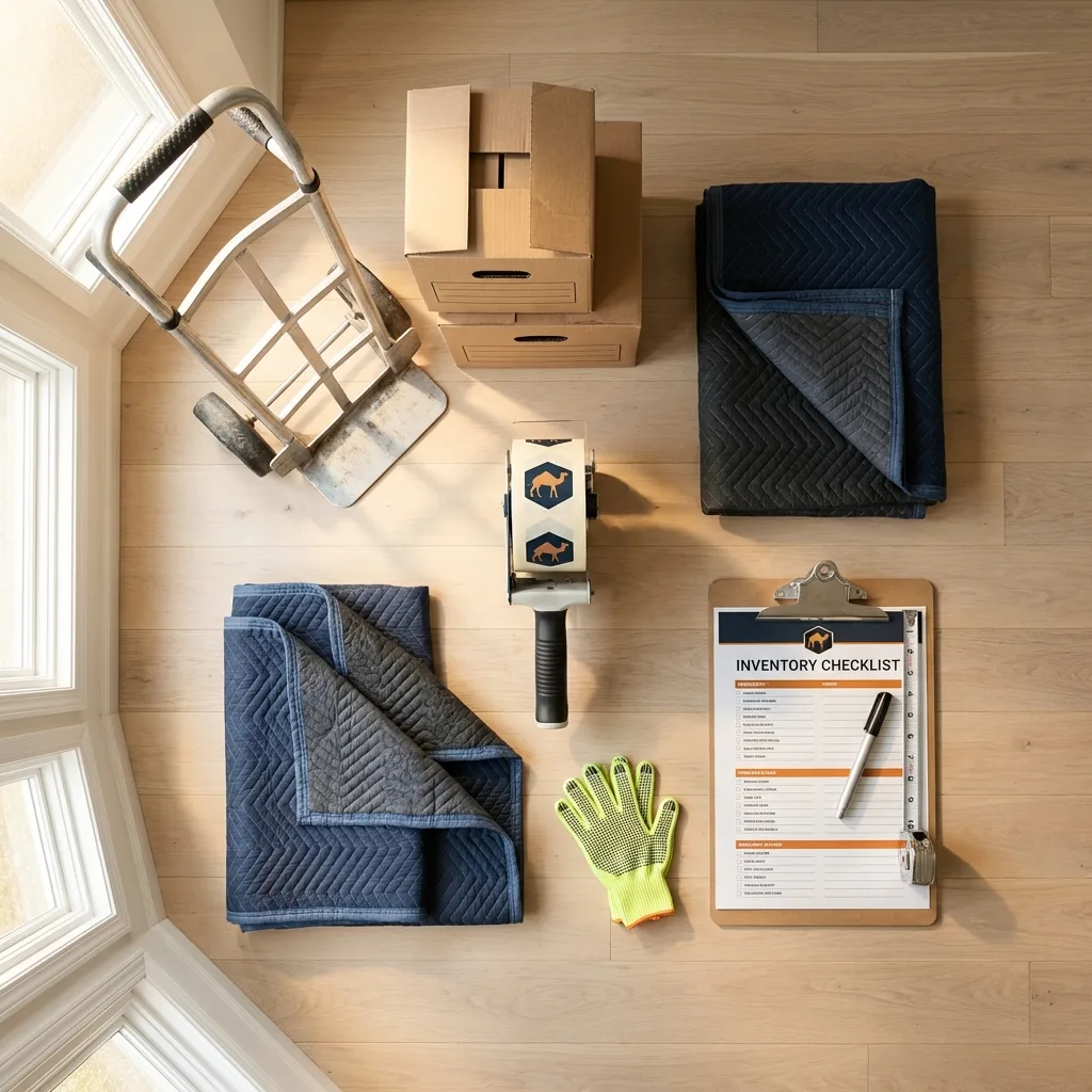 Professional moving supplies and packing materials layout for Rutherford residential relocations